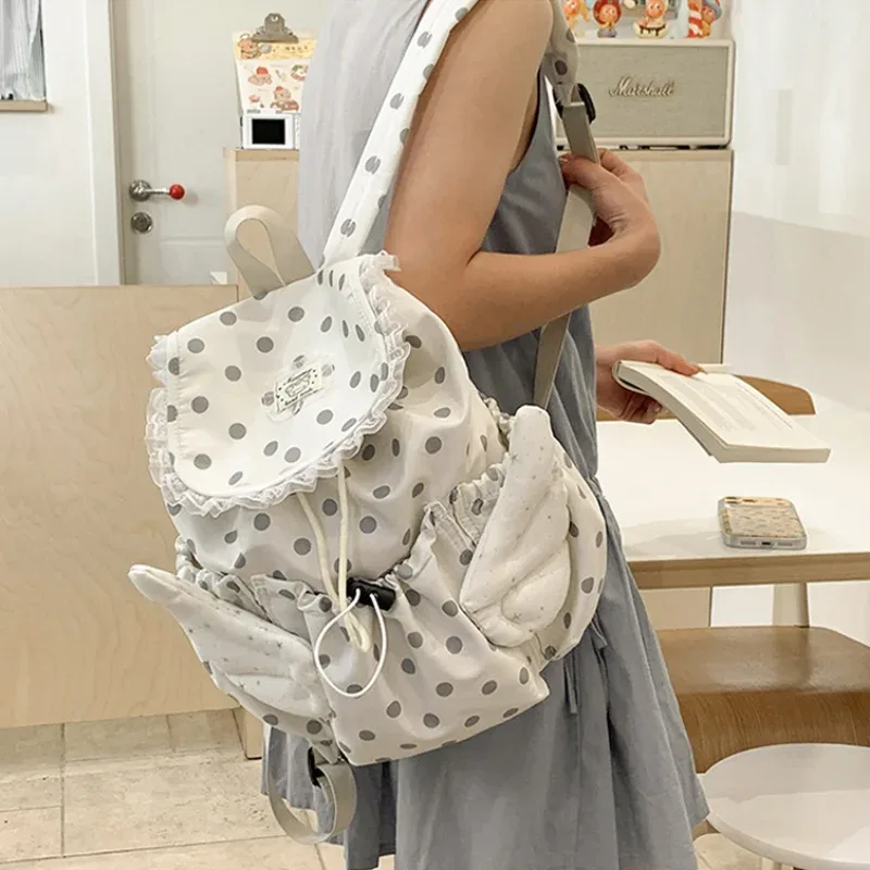 sac à dos à pois tendance grande capacité avec cordon de serrage, sac d'école pour étudiants, design ailes d'ange, sac à dos décontracté pour femme, idéal pour les voyages et le quotidien