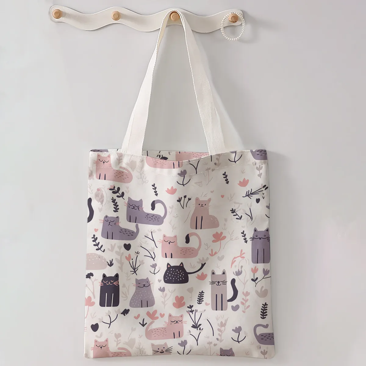 sac fourre-tout rose et violet à imprimé floral et cœur de chat, sac à bandoulière de grande capacité pour le shopping, les voyages et l'usage quotidien