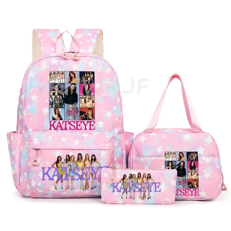 sac à dos katseye à thème musical, 3 pièces, imprimé étoiles roses, cartable amusant pour adolescents, étudiants, femmes, sac à dos pour ordinateur portable, sac de voyage mochila