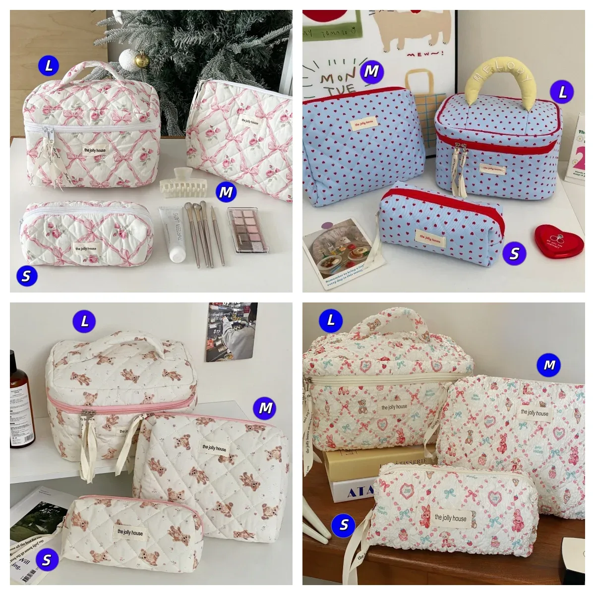 Sac de rangement pour cosmétiques en coton matelassé, trousse de toilette de voyage portable, trousse de maquillage à pois vert menthe, grande capacité, style ins