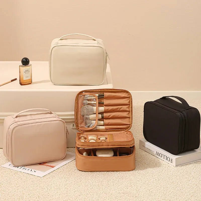 trousse de toilette grande capacité à double compartiment avec séparateurs ; sac de voyage portable en tissu oxford
