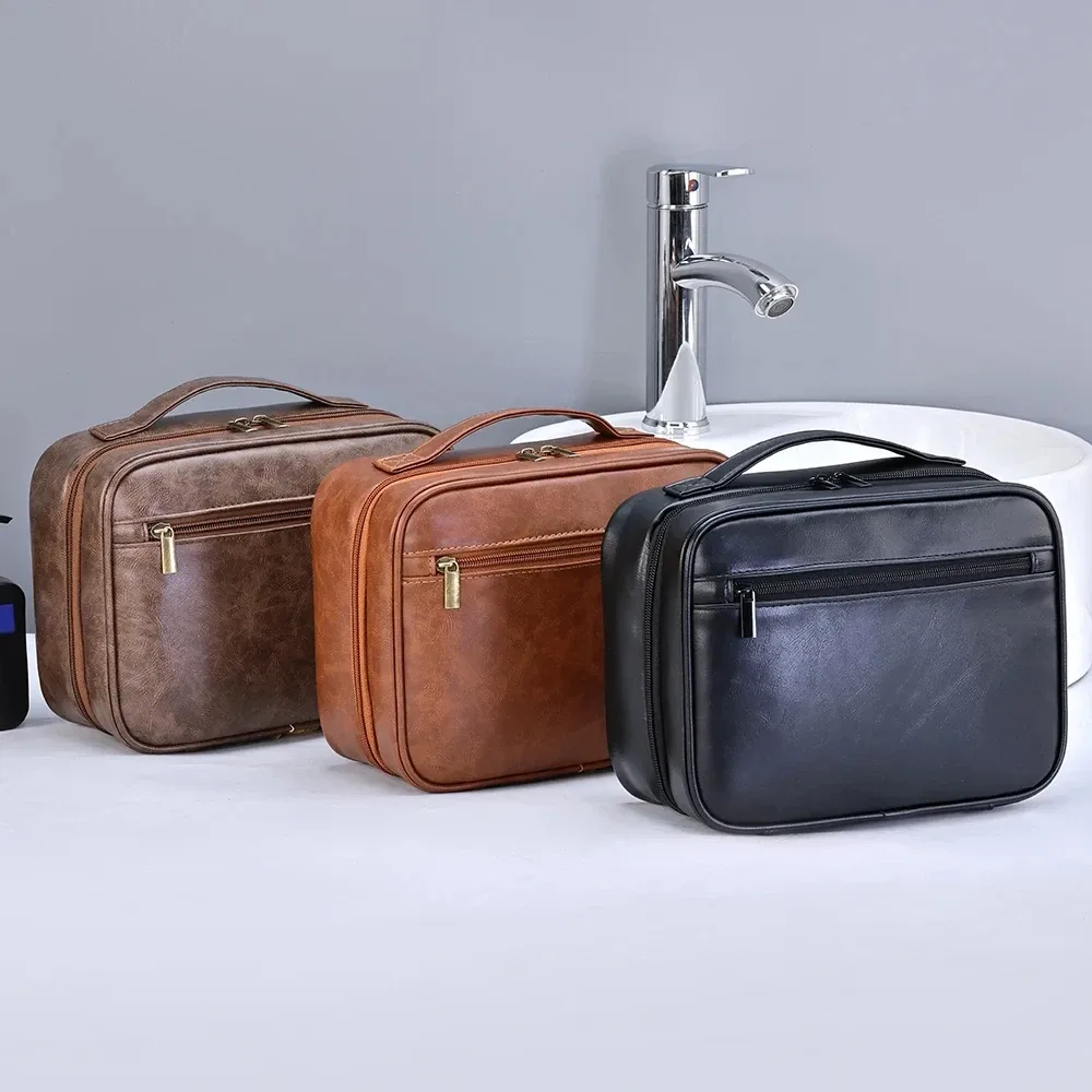 sac de rangement portable en cuir pu pour hommes et femmes, sac de rangement d'affaires à fermeture éclair, organisateur de produits de toilette, sac à cosmétiques de voyage, pochette de lavage étanche suspendue