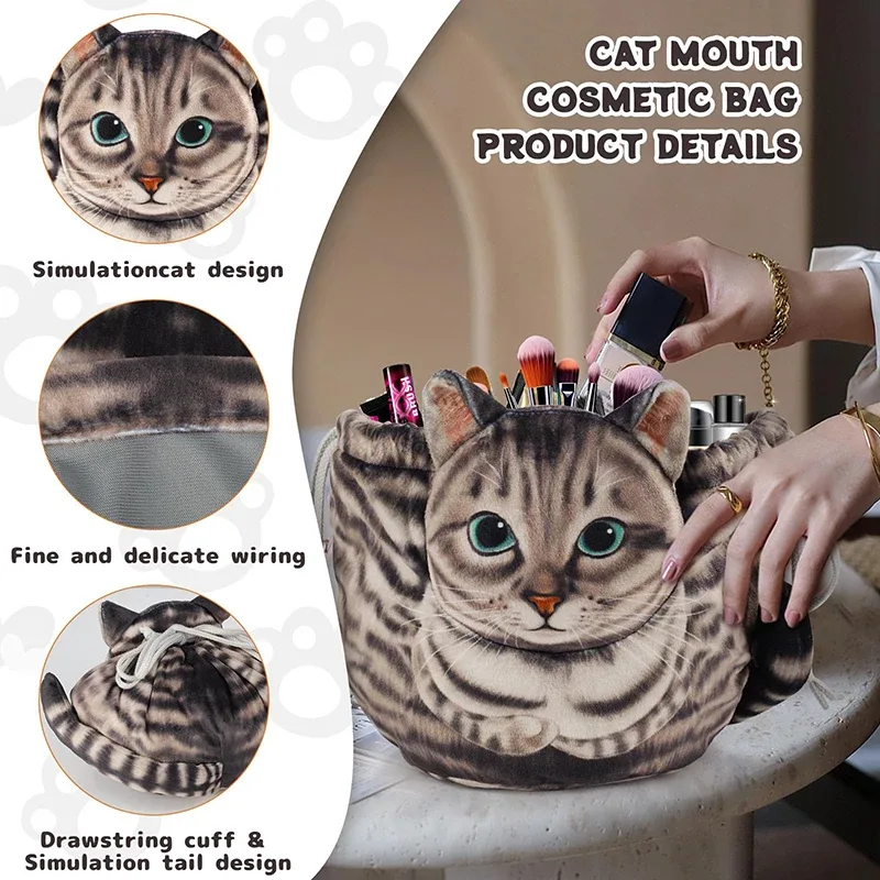 trousse de maquillage chat mignon, fermeture à cordon, conception tête de chat 3d, pochette cosmétique plate, cadeau pour femmes amoureux des chats, sac organisateur de voyage