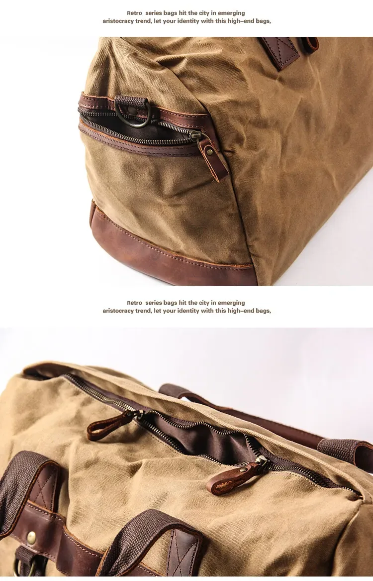 sac de voyage pour homme en toile cirée imperméable et cuir, sac à main, sac de cabine, grand sac fourre-tout vintage, sac de week-end, grand sac de nuit.