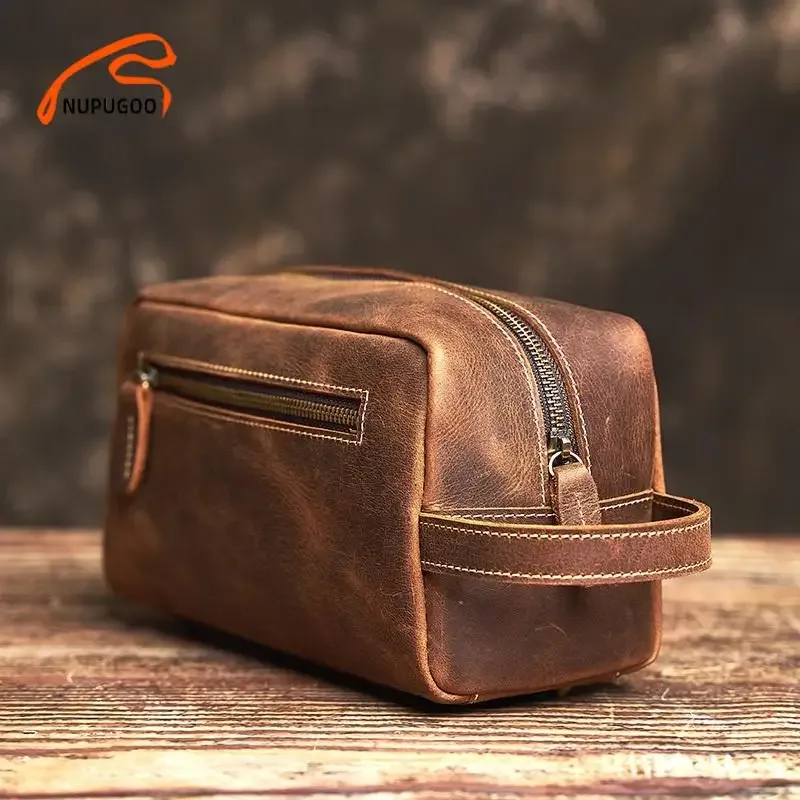 NUPUGOO-Pochette en cuir véritable, sac cosmétique en peau de cheval, sac de lavage multifonctionnel, rangement de loisirs