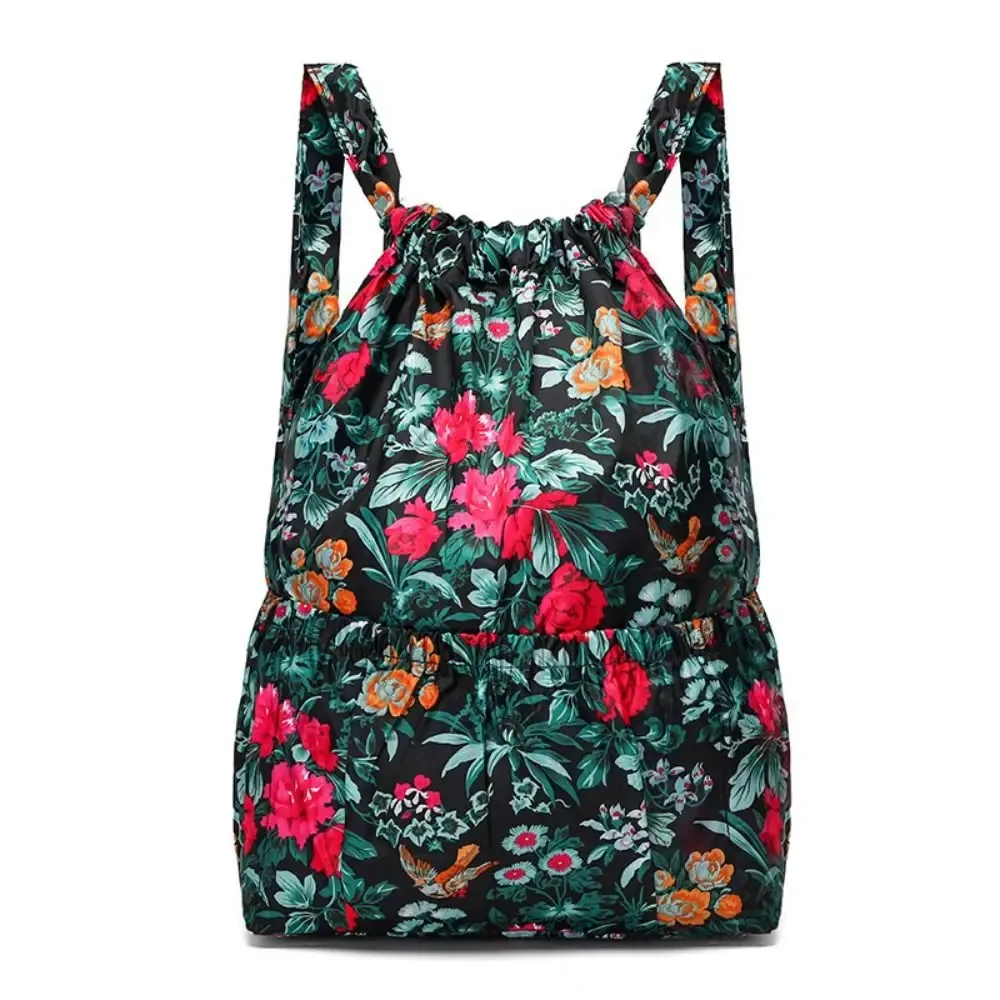 sac à dos multifonctionnel à imprimé floral avec cordon de serrage, en polyester imperméable, grande capacité, pliable, pour l'école, pour femmes