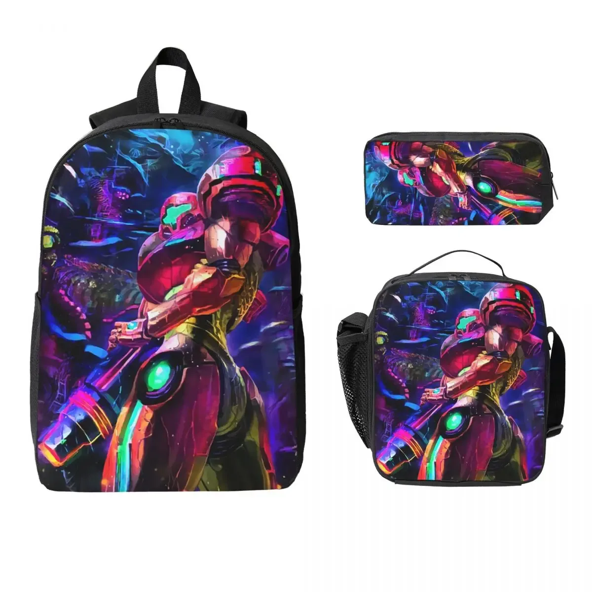 sac à dos samus aran metroid pour étudiants, garçons et filles, sac d'école, sacs à bandoulière pour ordinateur, 3 pièces, sac à déjeuner isotherme, trousse à crayons