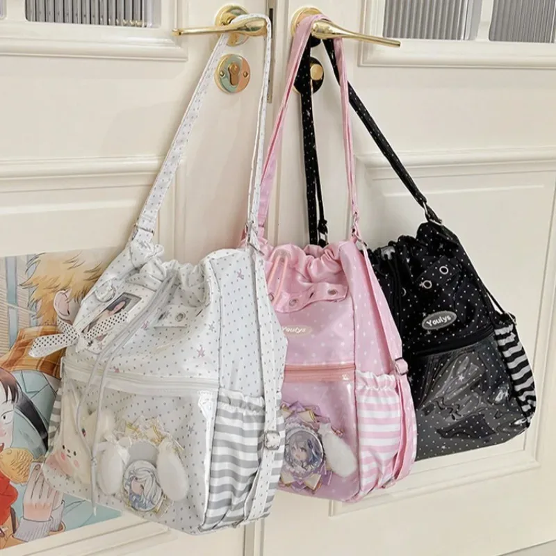 sac à dos ita mignon à pois avec cordon de serrage et poche transparente pour pince, sac multifonctionnel pour l'école, les trajets et les sorties