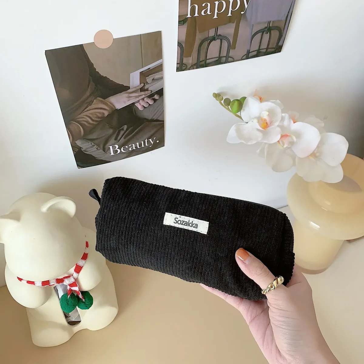 sac à cosmétiques en velours côtelé coréen, petite pochette de maquillage, trousse de toilette de voyage portable pour femmes, nécessaire de rangement, étui à crayons mignon pour étudiant