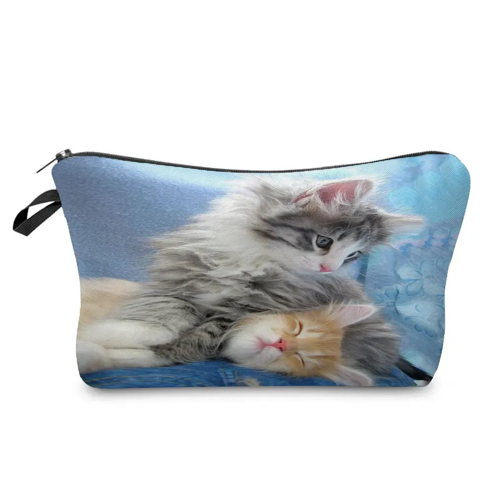 trousse à cosmétiques avec imprimé chat animal de dessin animé 3d pour femme, mini trousse de maquillage décontractée, étui à crayons personnalisé, extérieur, plage, voyage, mignon
