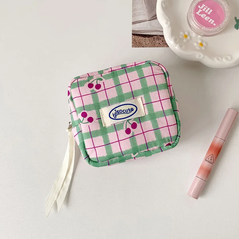 sacs de maquillage pour femmes, sacs à cosmétiques japonais à carreaux cerise dopamine doux kawaii, sac de rangement portable multifonctionnel pour filles
