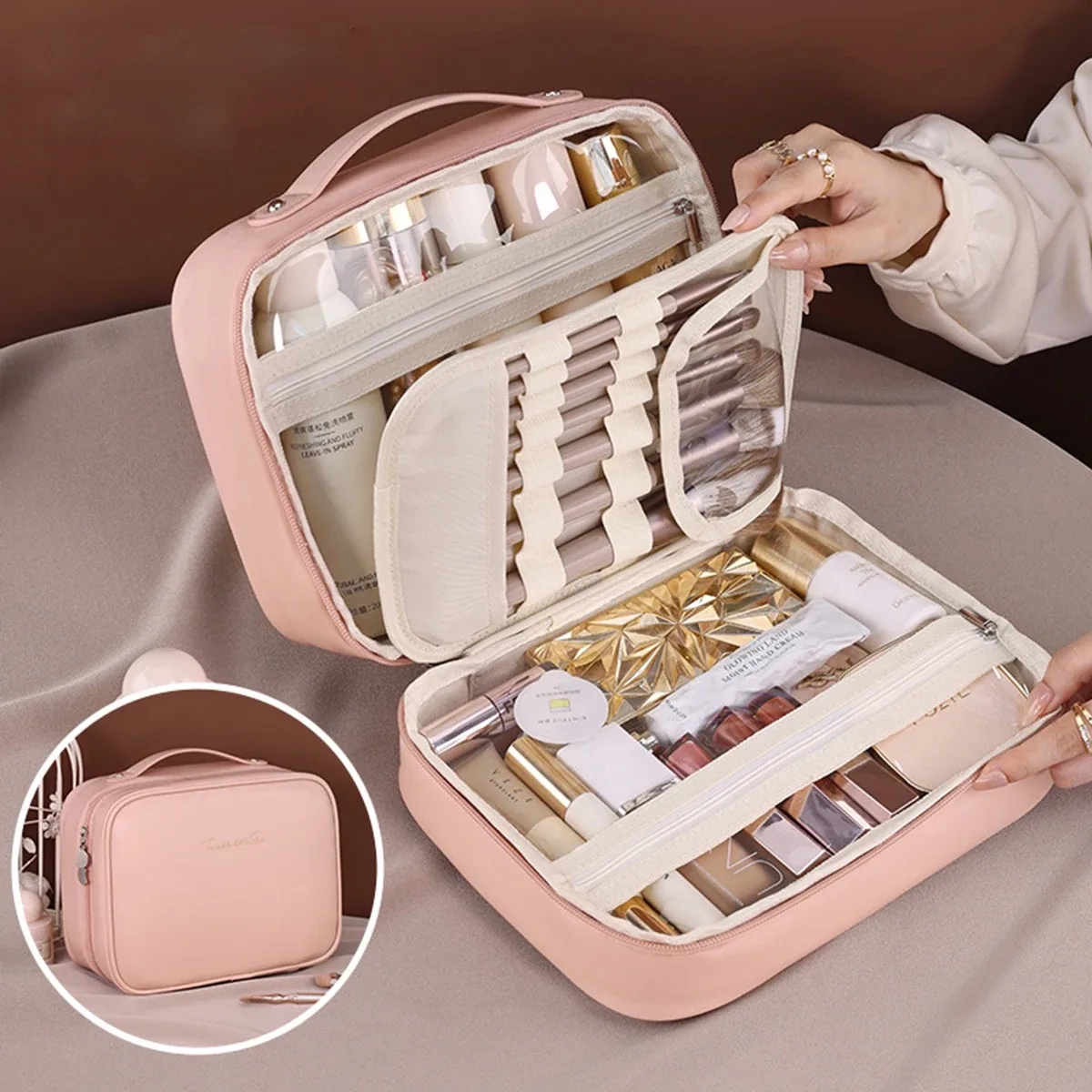 sac de maquillage trois en un pour femmes, sac de rangement portable en cuir pu, sac de voyage pour pinceaux cosmétiques et articles de toilette