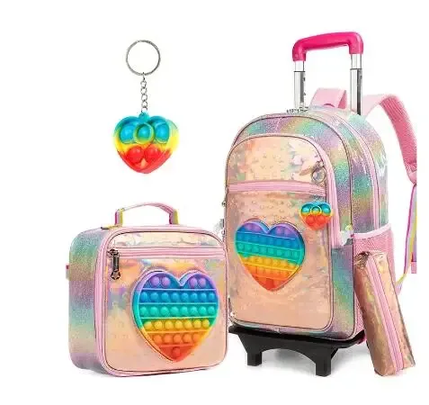 sac à dos d'école 3 en 1, sac à dos à roulettes, sac à roulettes avec sac à déjeuner, sac à stylos pour filles, sac à dos roulant pour filles