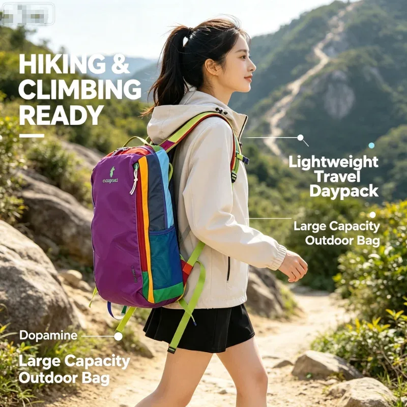 Sac à dos léger pour femmes, grande capacité, couleur dopamine, sac de jour portable pour la randonnée et l'alpinisme, idéal pour les voyages quotidiens.