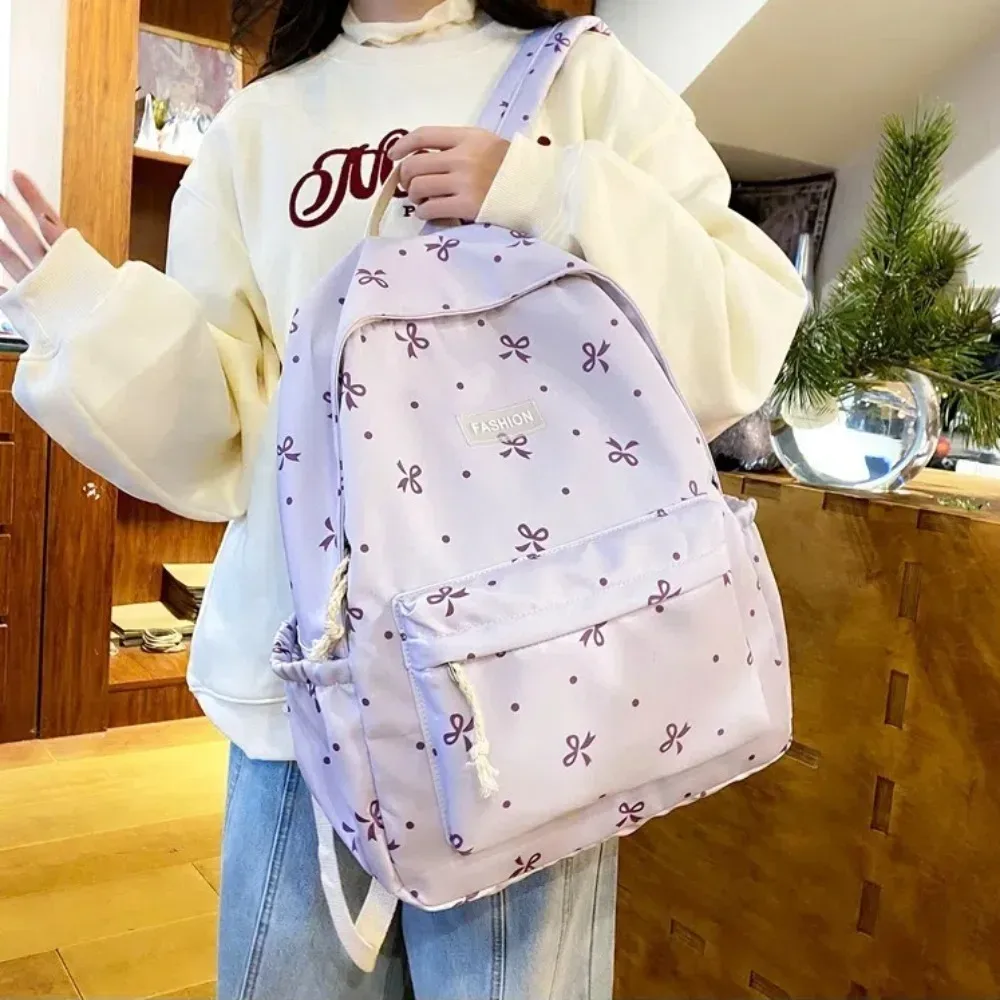 sac à dos scolaire en nylon mignon pour étudiantes, grande capacité, imprimé nœud, sac à dos pour femmes