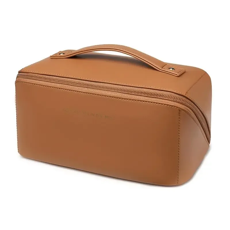 trousse de maquillage de voyage, sacs de rangement de cosmétiques de grande capacité pour femmes, trousses de toilette imperméables en cuir pu, maquillage plat à large ouverture