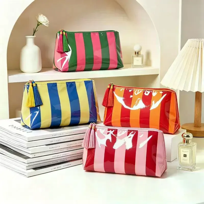 pochette cosmétique rayée en pvc avec franges et fermeture éclair, trousse de toilette imperméable, étui pour pinceaux de maquillage