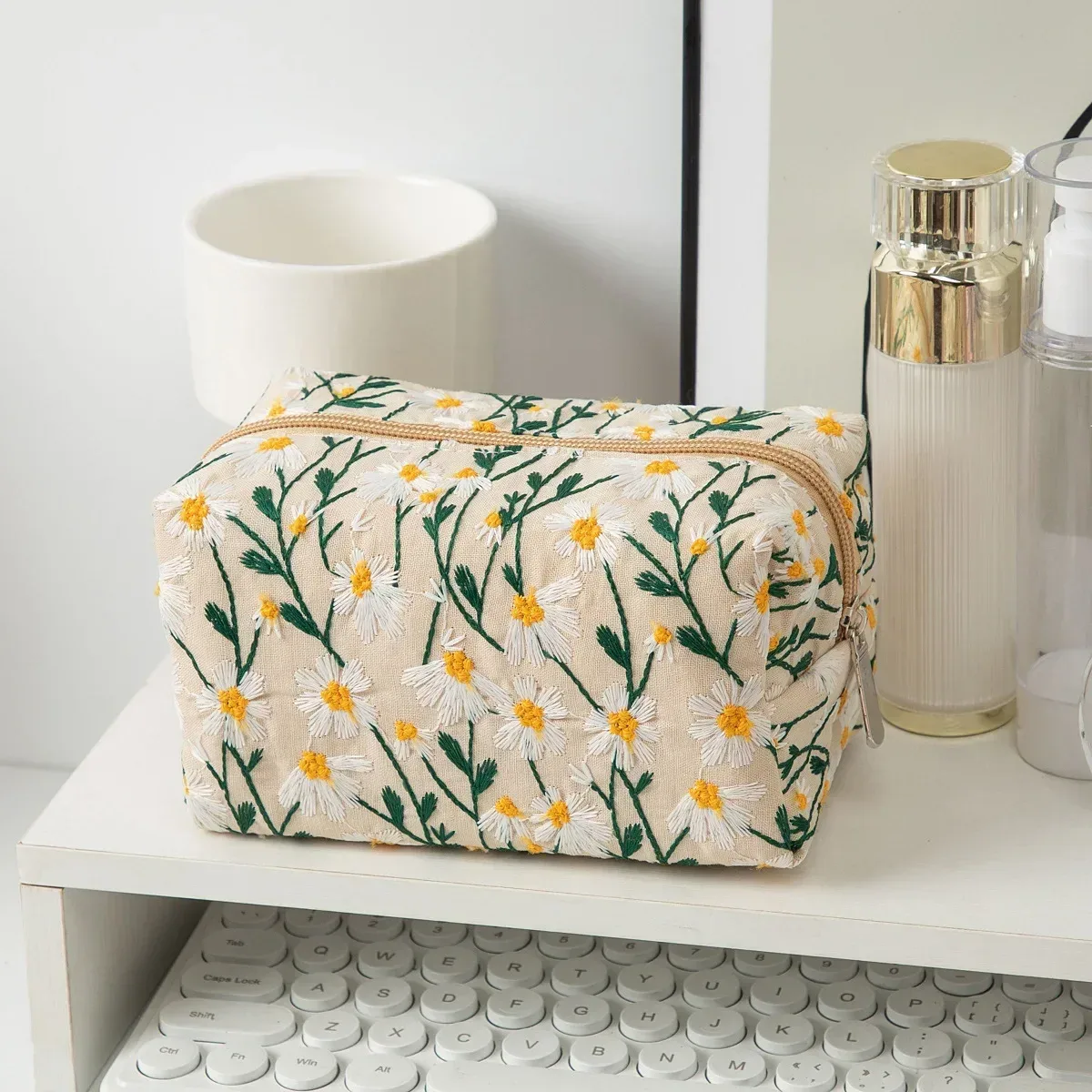 sac à cosmétiques brodé de fleurs, organisateur de maquillage en toile à fermeture éclair, pochette de rangement de voyage, trousse de beauté pour femmes