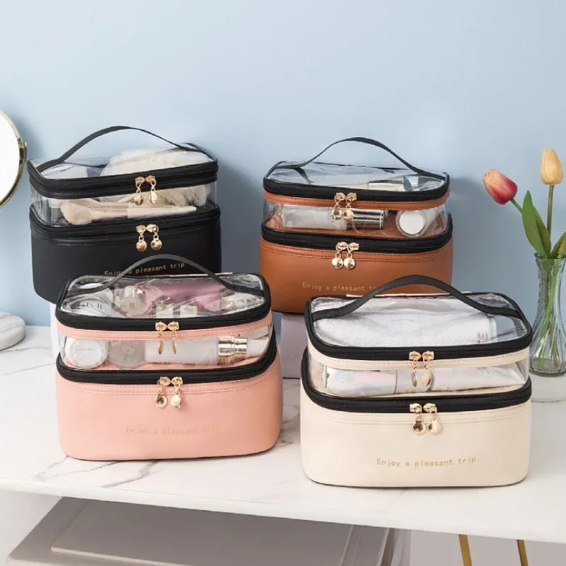 sac à cosmétiques double transparent en pu, sac de lavage portable, sacs de maquillage de grande capacité, trousse de toilette de voyage étanche, sacs de rangement