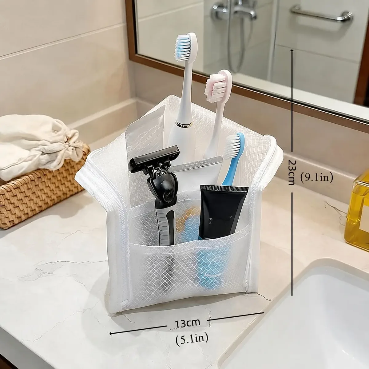 trousse de toilette en maille sur pied, portable, imperméable, organisateur de maquillage et de cosmétiques, pochette de rangement pour brosse à dents et cosmétiques pour femmes, pour salle de bain.