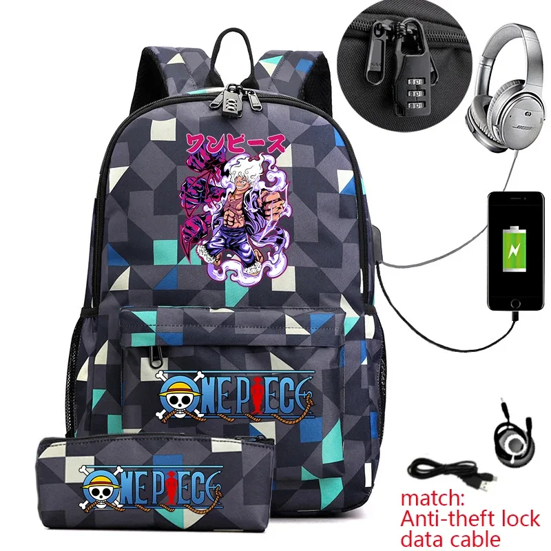 sac à dos d'étudiant imprimé one piece luffy, sac d'école décontracté antivol avec trousse à crayons pour garçons et filles