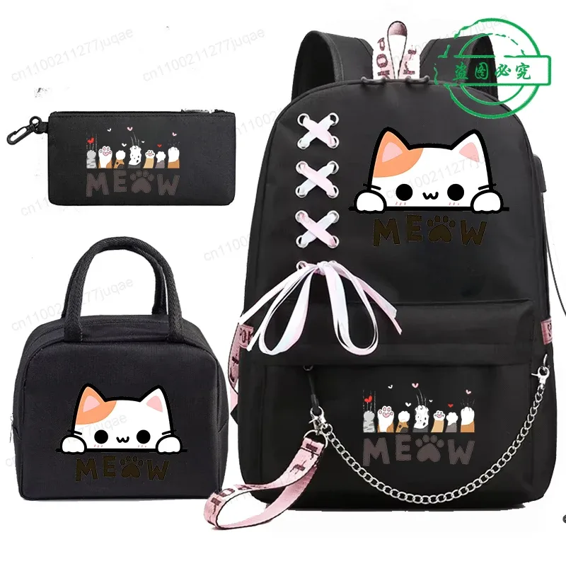 sac à dos scolaire pour étudiants et adolescents, sac à dos mignon kawaii avec motif de chat anime, sac à dos pour livres avec sacs à lunch portables, 3 pièces