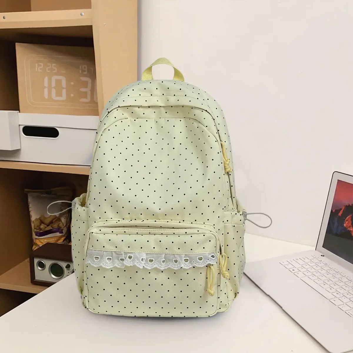 sac à dos mignon en dentelle à pois, esthétique, pour ordinateur portable, pour femmes et filles, idéal pour les trajets quotidiens, les voyages, les camps d'été et l'université.
