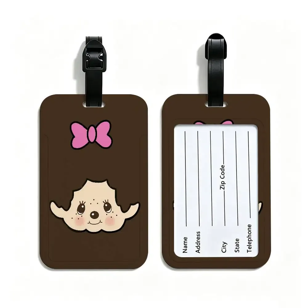étiquette de bagage de voyage en pvc, motif dessin animé lawaii anime m-monchhichi, avec porte-carte d'informations et marqueur de nom anti-perte pour sac à dos.