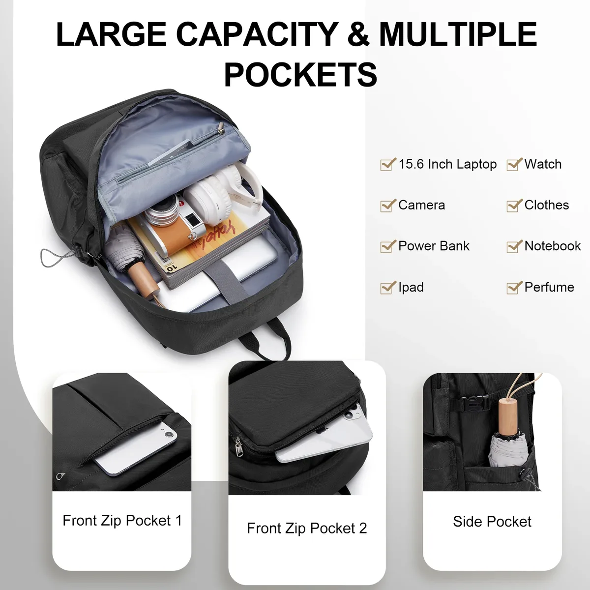 sac à dos scolaire noir étanche 15,6 "sac pour ordinateur portable décontracté léger travail voyage sac à dos pour hommes femmes collège randonnée sacs à dos