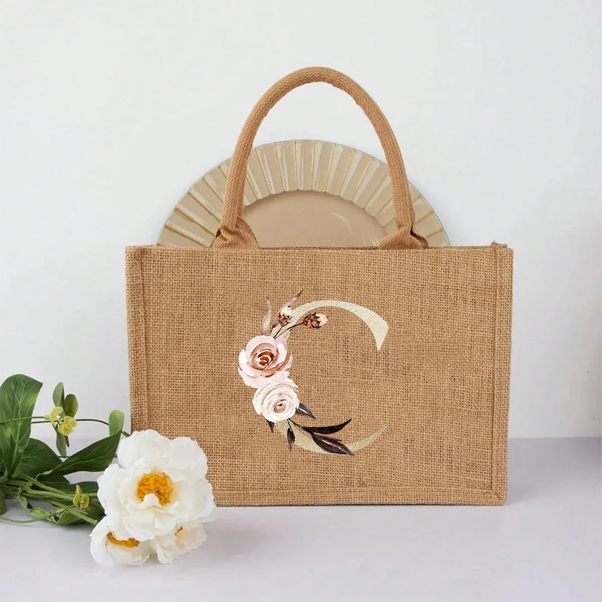nouveau sac à main élégant en lin à motif lettres dorées, sac à main portable multifonctionnel, sac en lin, sac à main simple grande capacité, sac de rangement décontracté portable, sac de courses multifonctionnel, nouveau design, grande capacité, parfait pour le shopping