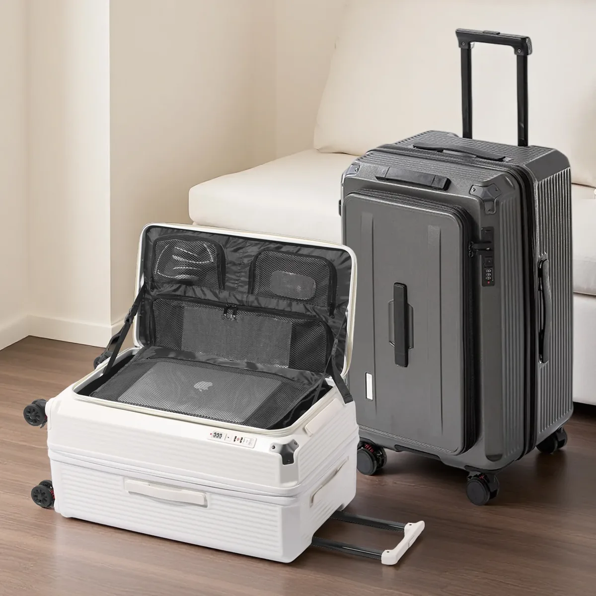 valise pc multifonctionnelle extensible avec serrure tsa, port usb type-c, roues antichoc, ouverture frontale, bagage cabine à roulettes