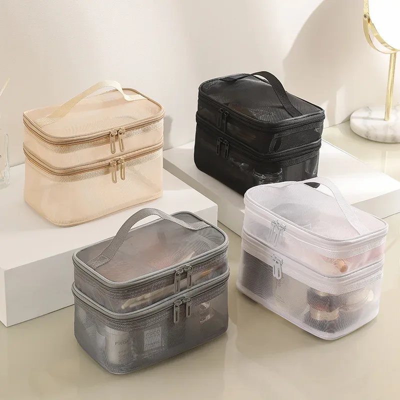 Sac de maquillage en maille double couche pour voyage, trousse de toilette, sac de rangement portable pour femmes, nouveau sac de rangement de grande capacité, sac de rangement pour cosmétiques, 1 pièce