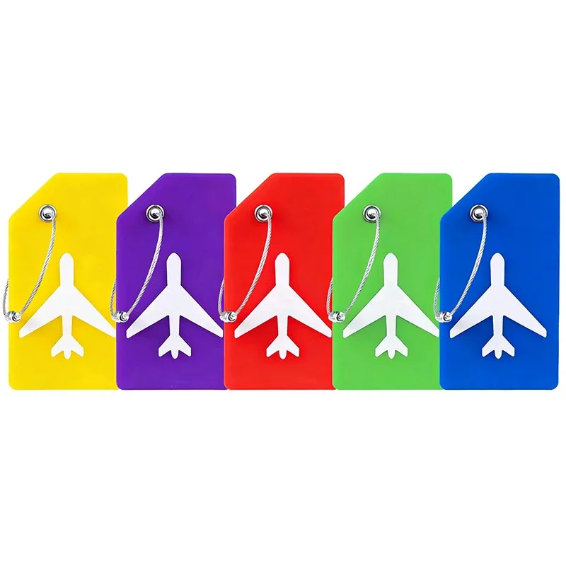 2/5 étiquettes de bagage en silicone, motif avion, identificateur de valise, couleurs vives avec boucle en fil d'acier, porte-nom, usage quotidien