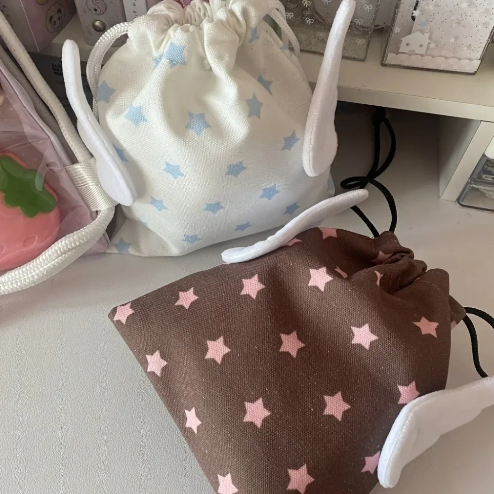 Sac de maquillage bohème en toile avec cordon de serrage, pochette de rangement portable anti-poussière, motif étoiles, petit organisateur pour articles de papeterie