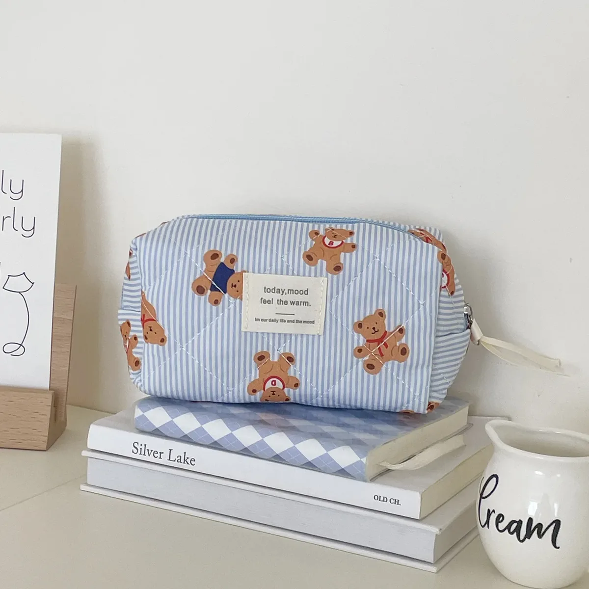 trousse de maquillage ours rayé pour femme, grande capacité, trousse de toilette, trousse de toilette, trousse de toilette, trousse de toilette, trousse de toilette