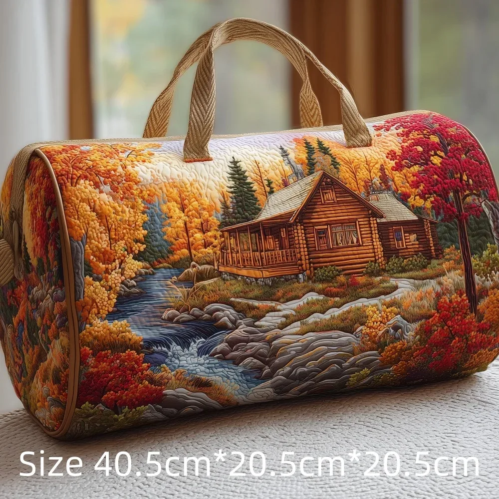 sac de voyage matelassé imprimé en 3d, fourre-tout de week-end, sac de sport, sac à main, motif cabane en montagne et forêt d'automne, paysage naturel vintage, pour femmes et hommes