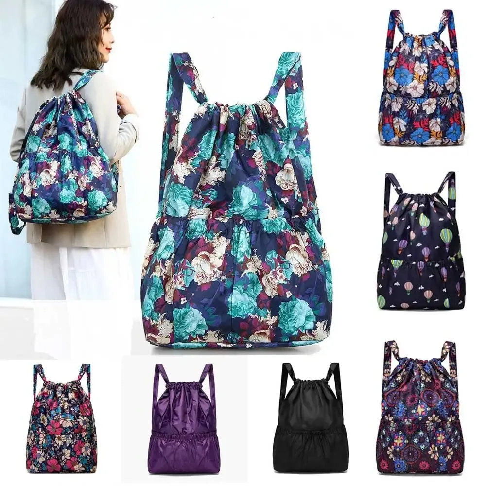 sac à dos décontracté à imprimé floral avec cordon de serrage, imperméable, grande capacité, en polyester, pour le sport et l'école, pour femmes