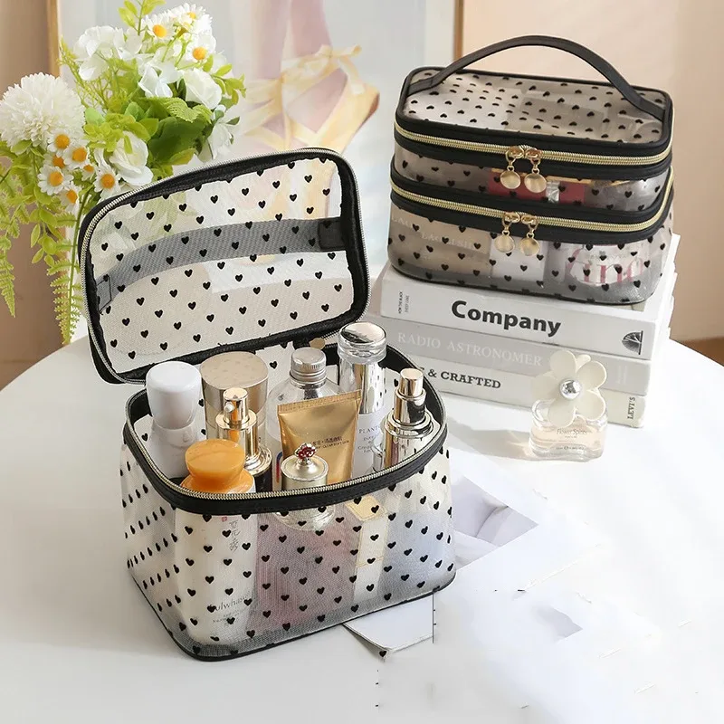 trousse à cosmétiques en maille noire à double couche, trousse de maquillage portable de grande capacité, trousses de toilette à fermeture éclair, trousse de voyage, évaluationstorage, poudres
