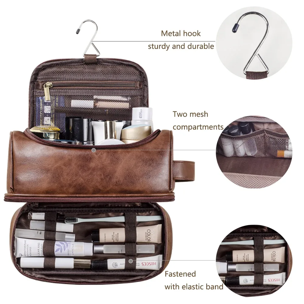 grands sacs de voyage cosmétiques de toilette suspendus pour hommes et femmes, sacs de voyage en cuir avec crochet suspendu, sacs de rasage pour salle de bain