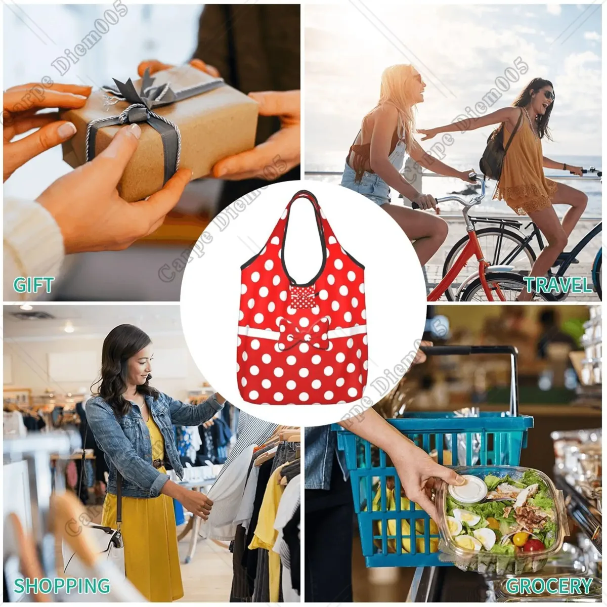 sac à provisions rick cartoon pour femme, sac fourre-tout pliable, sacs d'épicerie portables, respectueux de l'environnement, taille unique, pois, nœud