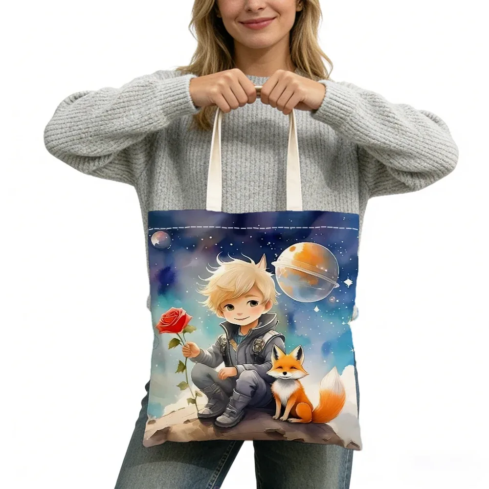 sac fourre-tout imprimé double face sans fermeture éclair, star boy cute fox cosmic rose, 40x45 cm, sac à bandoulière pour usage quotidien, shopping, apprentissage, extérieur