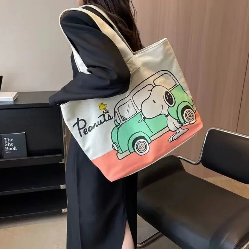 Sac fourre-tout en toile Snoopy pour femme, grande capacité, sac à bandoulière tendance pour étudiante, sac à main populaire