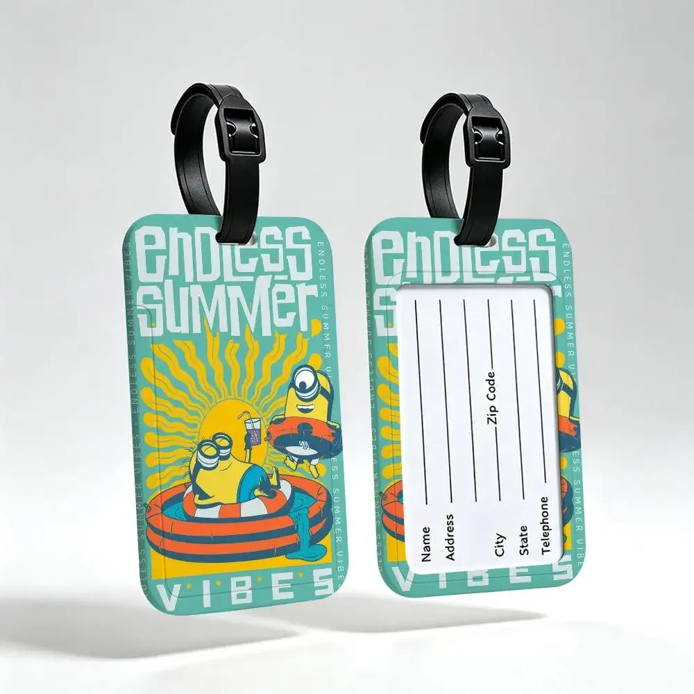 étiquette de bagage de voyage m-minions amusante et mignonne, couverture de carte d'information en pvc, marqueur de nom anti-perte pour sac à dos.