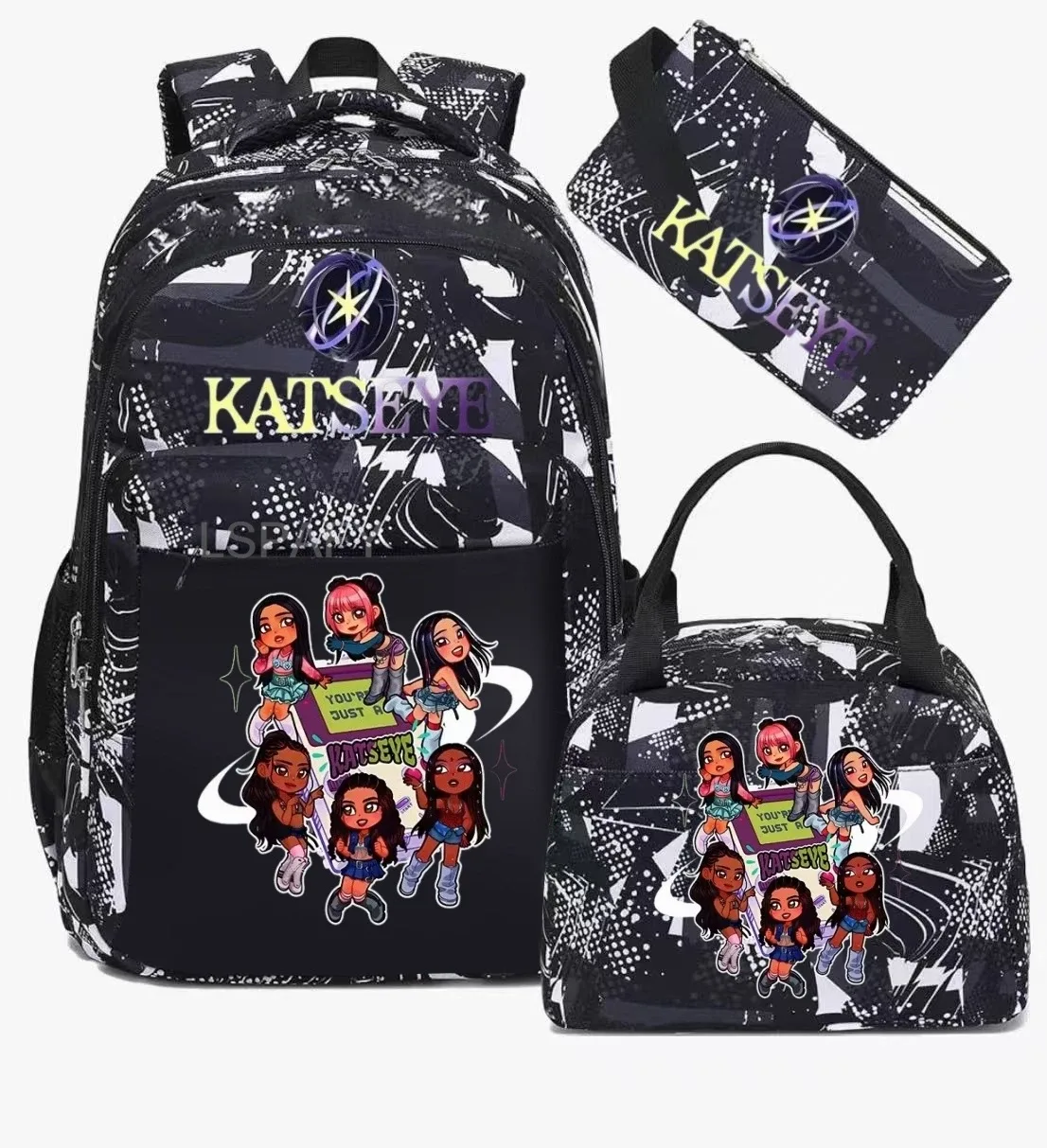 sacs d'école imprimés fashion katseye, ensemble de 3 pièces, sac à dos pour l'école primaire, garçons et filles, sac à dos de sport avec sac à lunch et trousse à crayons