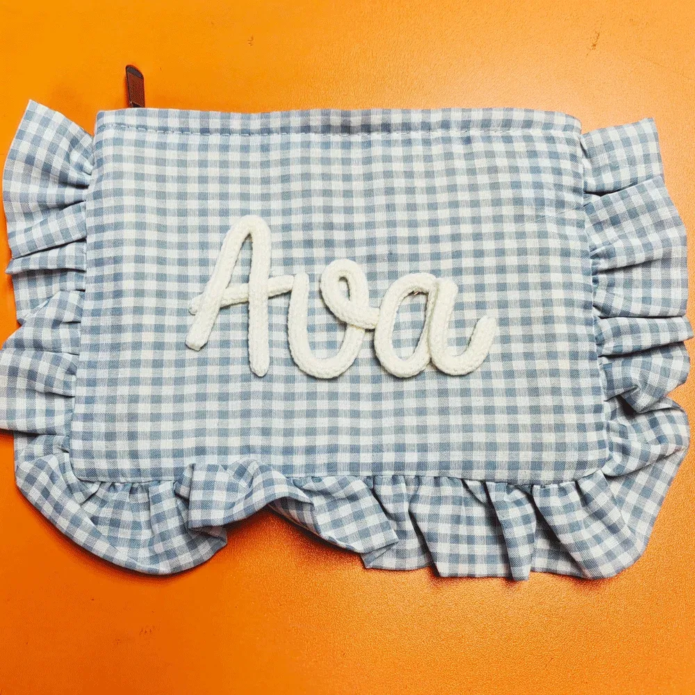 trousse de maquillage personnalisable à carreaux et volants avec nom, organiseur à carreaux vintage, trousse de toilette portable – un excellent cadeau pour les meilleures amies