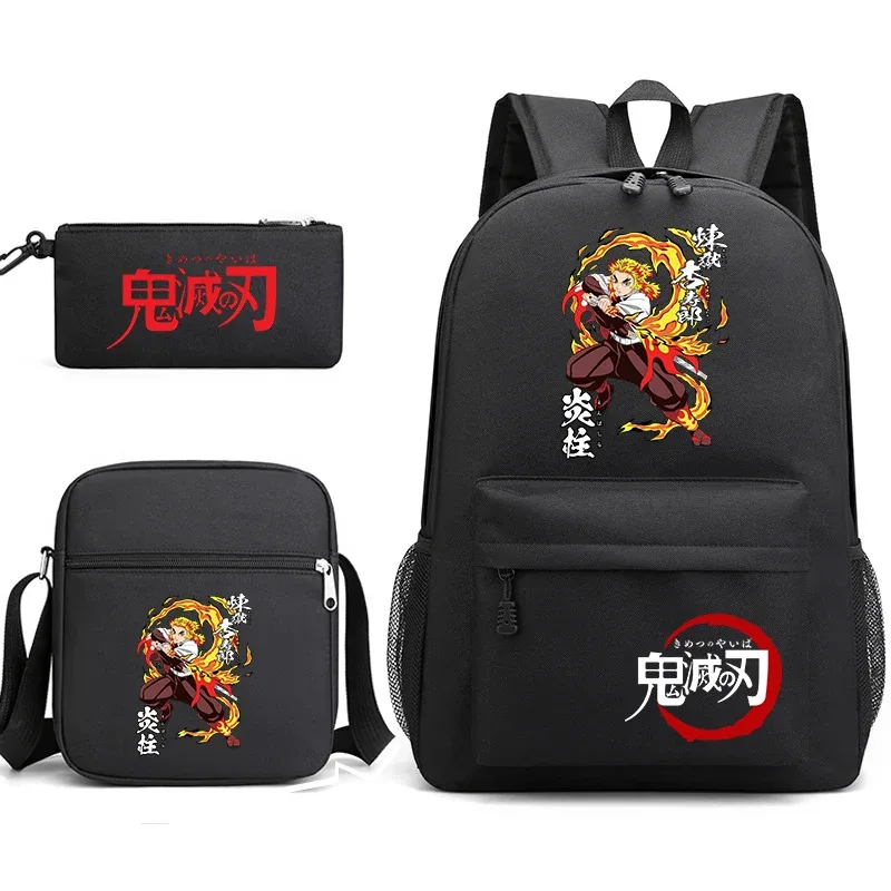 ensemble de sacs à dos d'école imprimés demon slayer, 3 pièces, avec sac à bandoulière, trousse à crayons pour garçons et filles