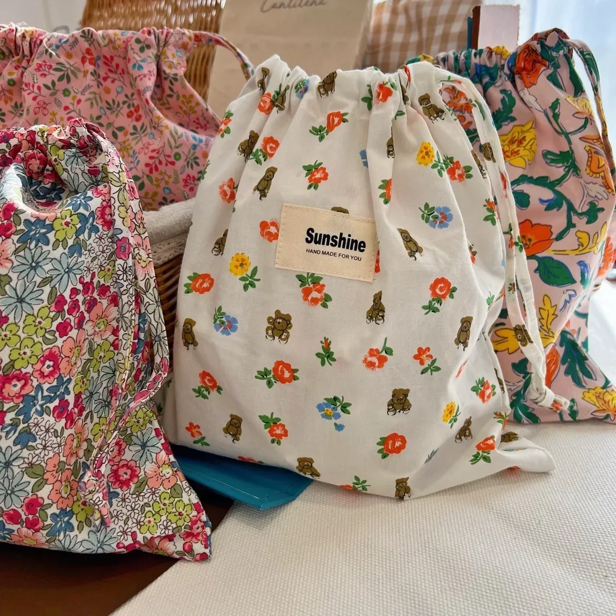 sac de rangement de voyage à proximité extérieure, sac de rangement classé, sacs à cosmétiques à fleurs imprimées, paquet de poche en ficelle de coton