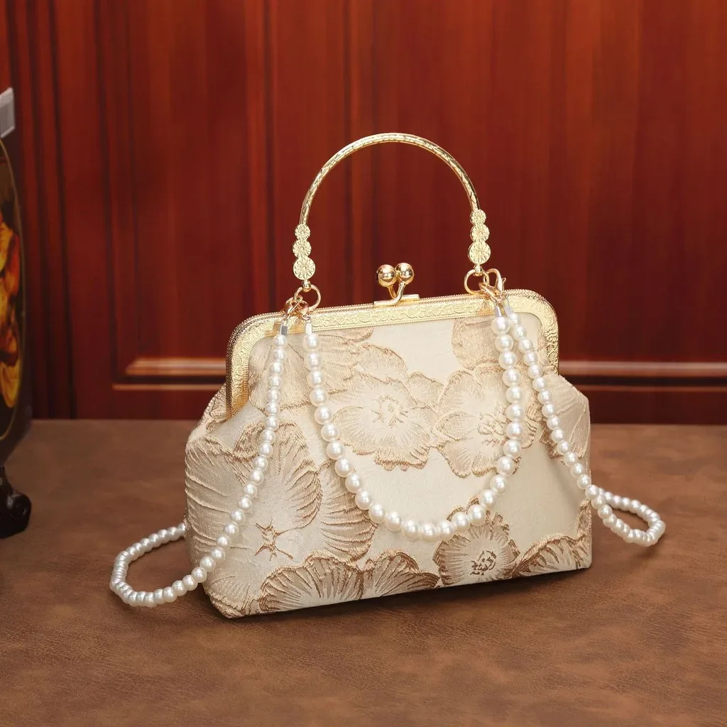 sac bandoulière en polyester, sac de soirée mi-souple, sac fourre-tout perlé, sac à main léger brodé de fleurs pour le voyage et les tenues cheongsam