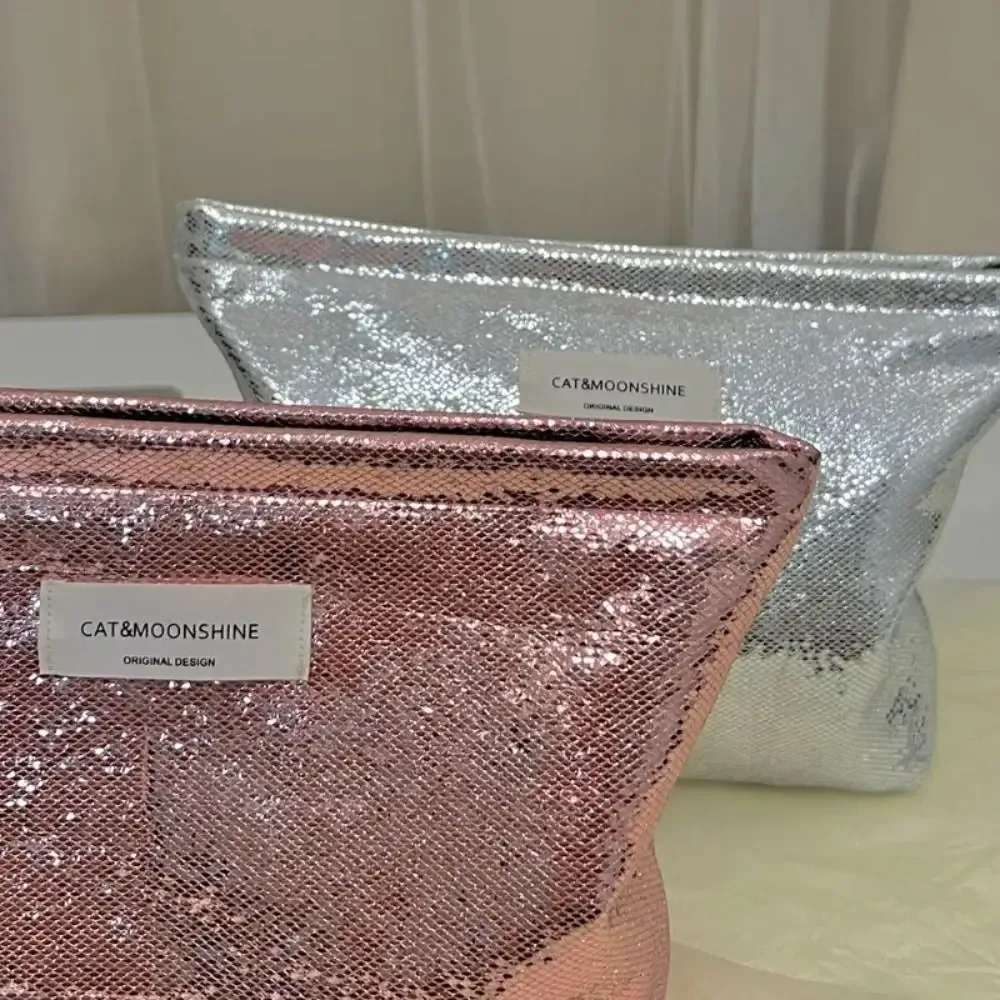 sac de maquillage portable brillant à paillettes, sac cosmétique couleur argentée unie, sac de rangement pour articles de toilette et soins de la peau, couleur champagne, pour femmes