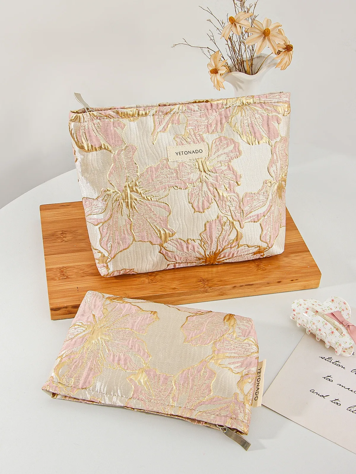 1 pièce/ensemble trousse de maquillage fleur dorée, trousse de maquillage de voyage mignonne, pochette pour articles de toilette, trousse de maquillage portable